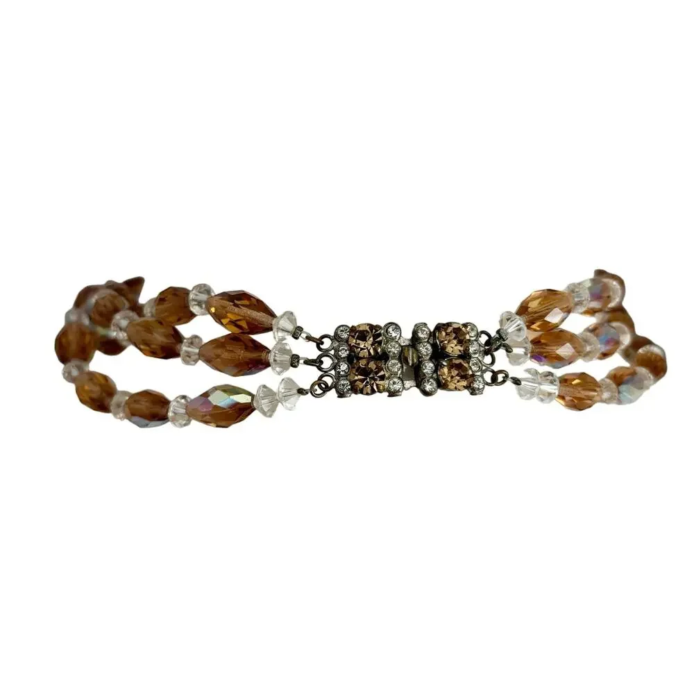 Vintage 1950s AB Crystal Triple Strand Necklace Amber Smokey Topaz Gold - Picture 6 of 12